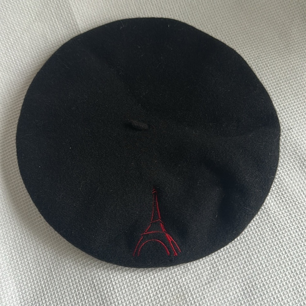 Laulhere France Black Merino Wool Beret Eiffel Tower Embroidery French Size 10 - Picture 2 of 6